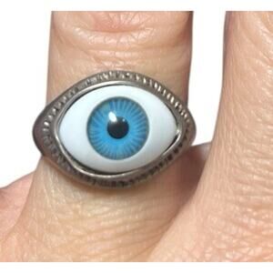 Vintage 1990s Sterling 925 Eyeball Ring Sz 7 Evil Eye Protection Silver Blue